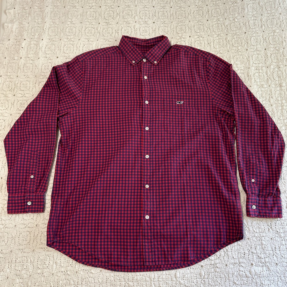 Vineyard Vines Tucker Men's Long Sleeve Button Front Shirt, Blue & Red, Large